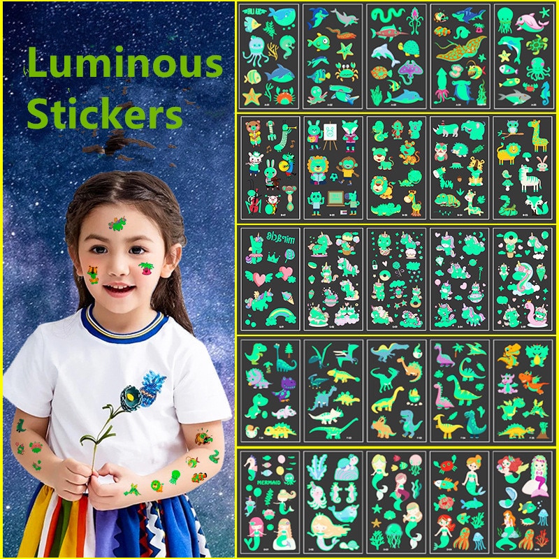 Tattoo Luminous Stickers Temporary Fake Paste Face Arm Leg Body Kawaii Manga Unicorn Car Shark Mermaid Airship Animal Sticker