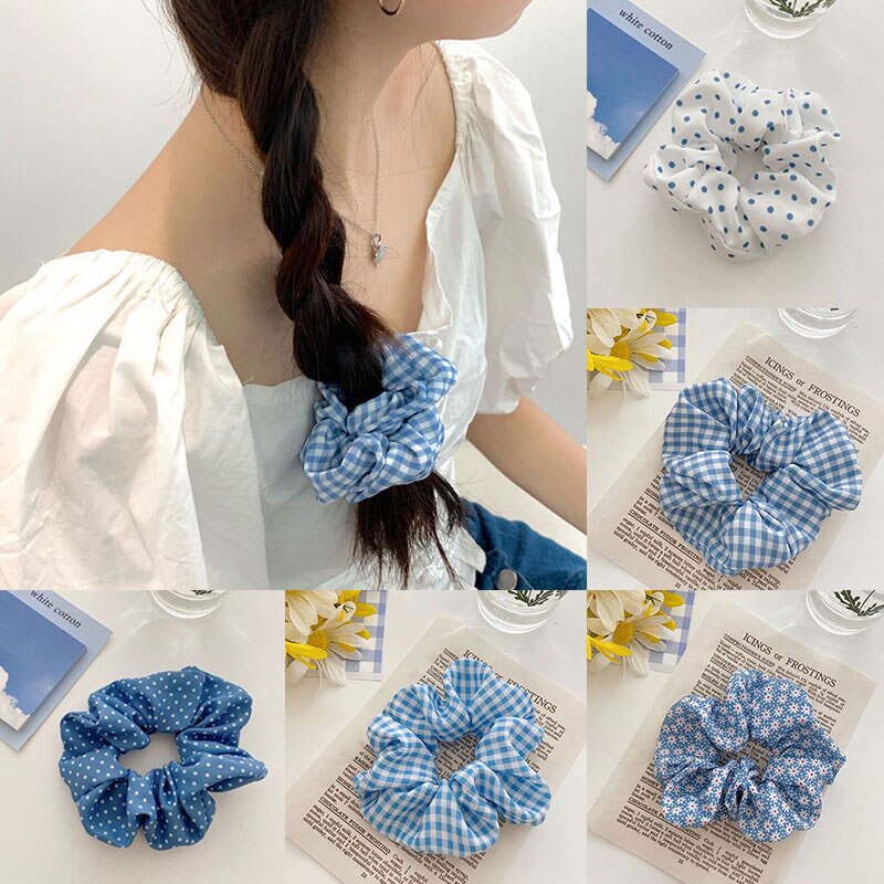 New Korea Polka Dot Plaid Floral Blue Series Scrunchies Ponytail Holder Daisy Hair Rope Hair Ties Elastic Hair Rubber Band