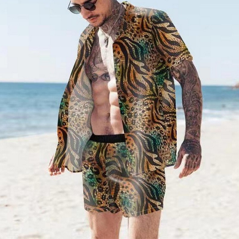 NEW Men Hawaiian Sets Printing 2021 Summer Short Sleeve Button Shirt Beach Shorts Streetwear Casual Mens Suit 2 Pieces