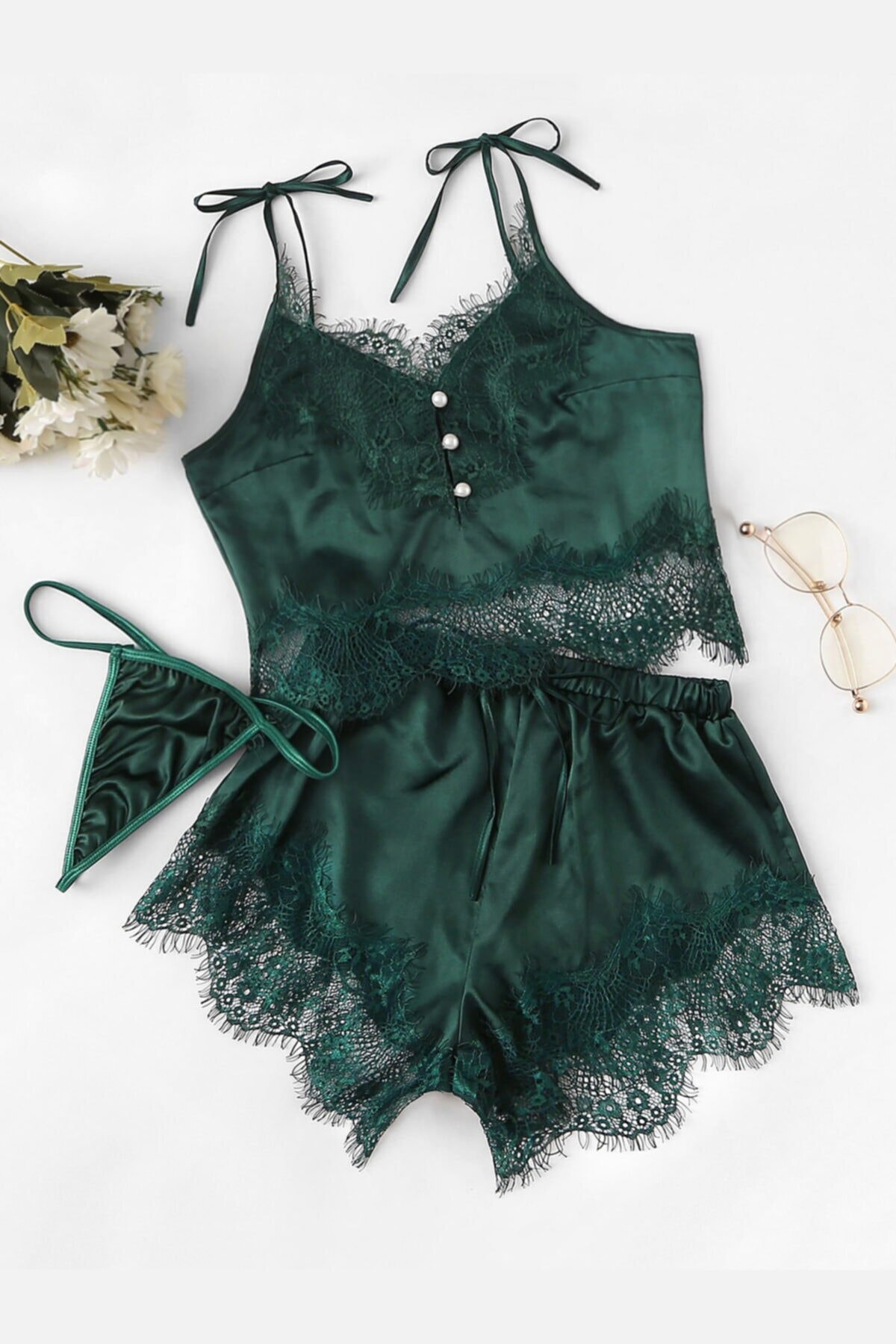 3 pcs Green Satin Lace Detail Shorts Set