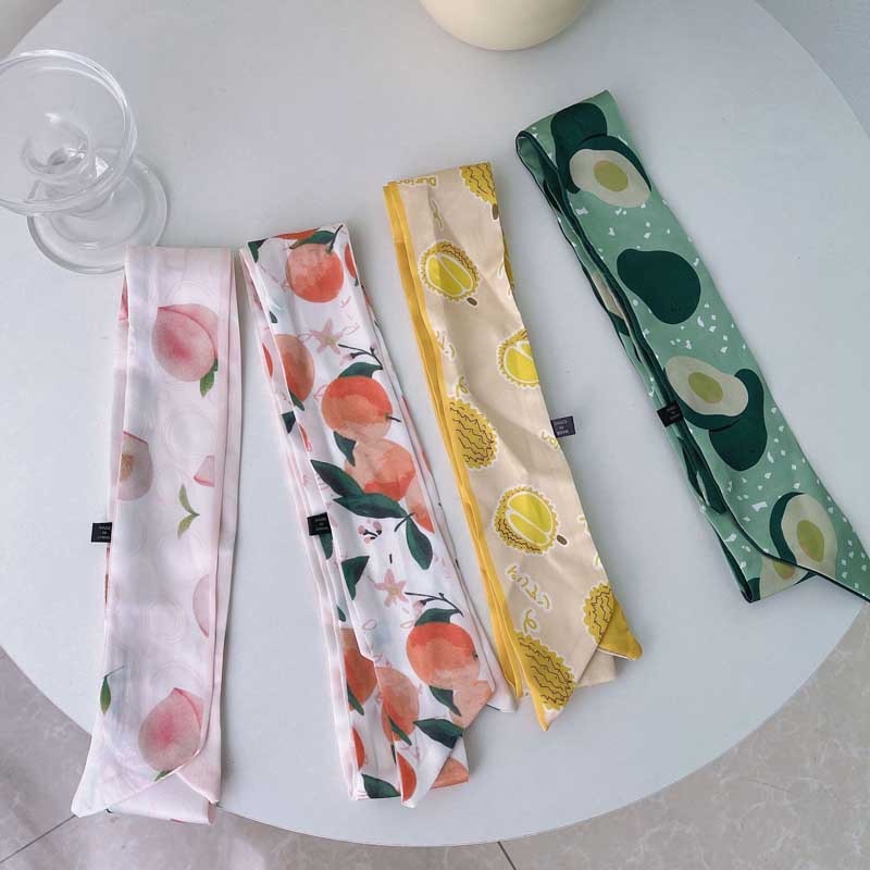 INS Peach Apple Printed Thin Ribbon Hairband Colorful Fruit Bow Hair Bands Narrow Long Scarf Women Hair Accessories Bag Handles