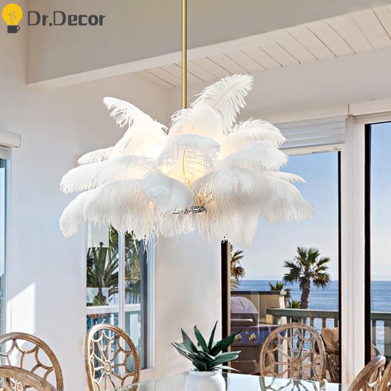 Modern Pure Ostrich Feather Pendant Lights LOFT LED Pendant Lamp Bedroom Decor Living Room Decoration Restaurant Hanging Lamps