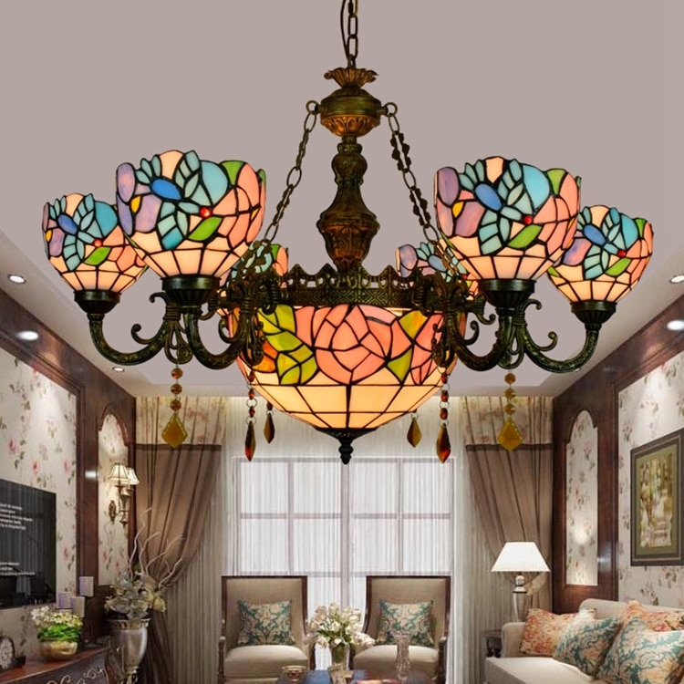 Tiffany Baroque Flesh Flower Stained Glass Suspended Luminaire E27 110-240v Chain Pendant Lights For Home Parlor Dining Room