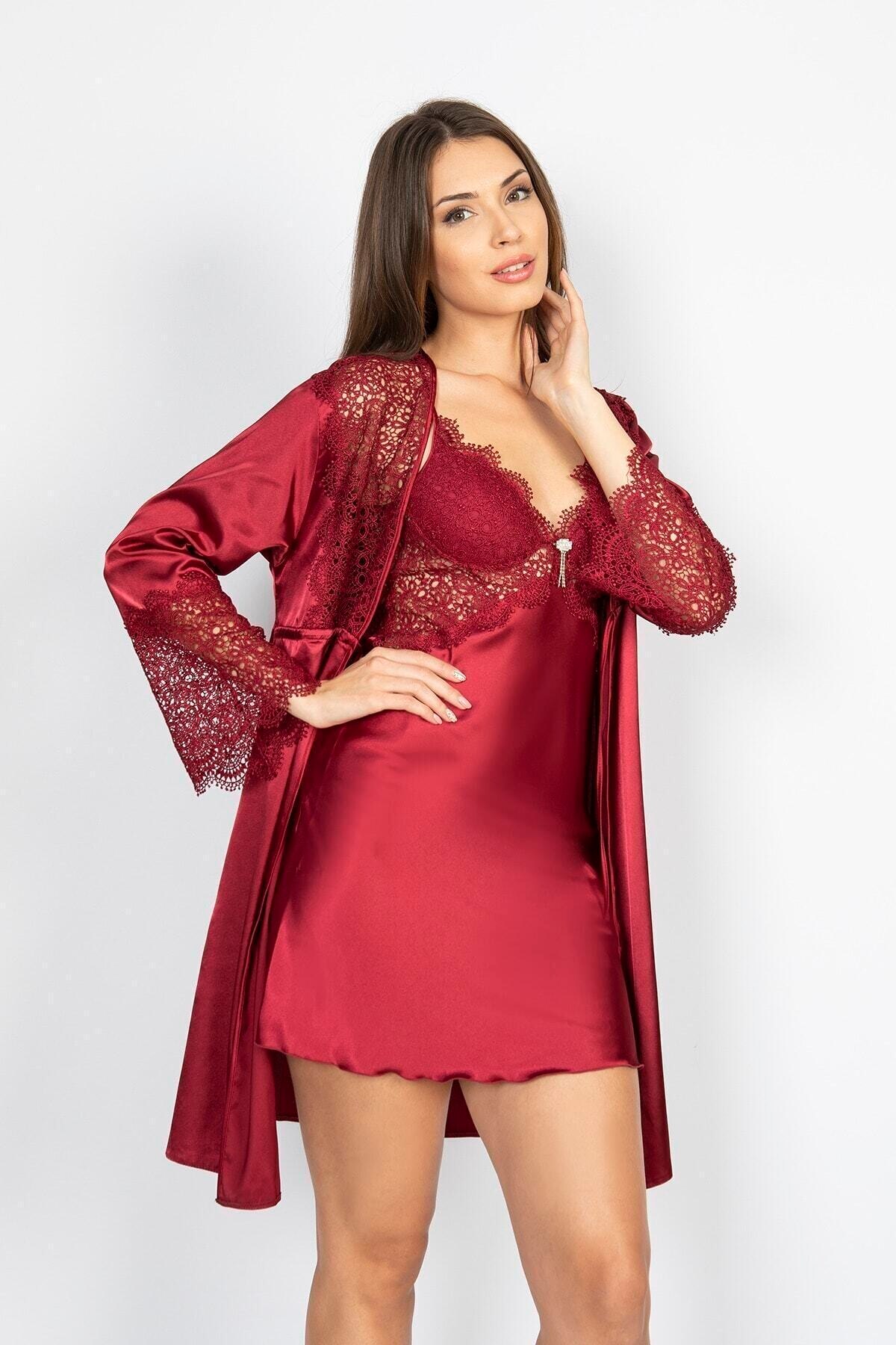 Women Burgundy Luxury Silk Satin 6 s Nightgown Dressing Gown Team