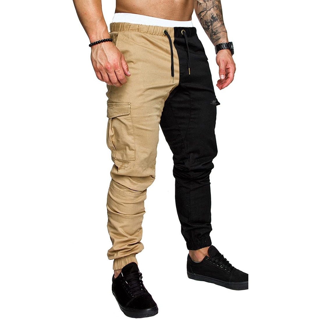 Puimentiua Men's Harem Pants Patchwork Drawstring Elastic Waist Joggers Trousers Homme Cargo Pants Male Hip Hop Sweatpants