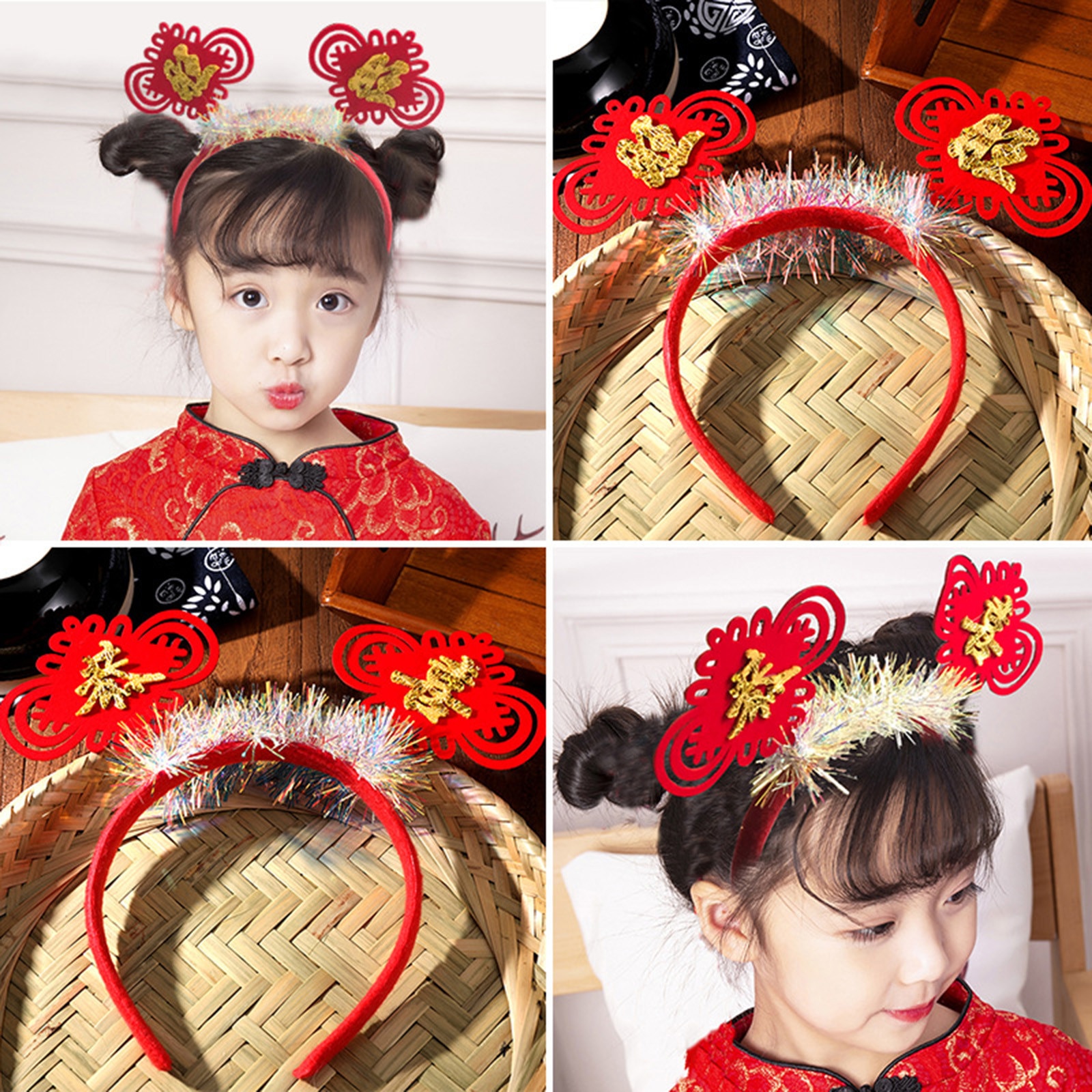 Children's Hair Band Kids Baby Girls Lunar Chinese New Year Hairpin Hair Clasp Headwear Accessories Red Festive