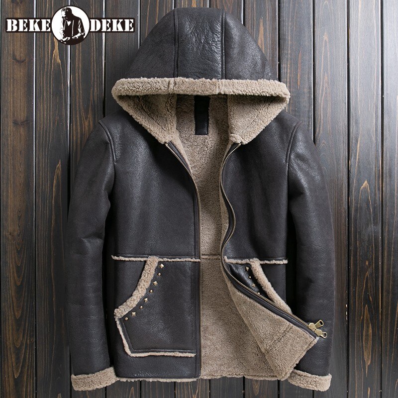 Designer Brand Eco-Coat Sheep Wool Fur Coat Men Hooded Rivets Genuine Leather Sheepskin Fur Jacket Thickening Warm Winter Luxury