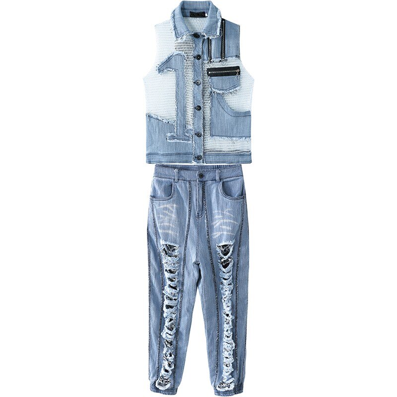 Streetwear Summer Casual Matching Set Outfit Women Splice Mesh Hollow Out Sleeveless Denim Vest Hole Ripped Loose Harem Jeans