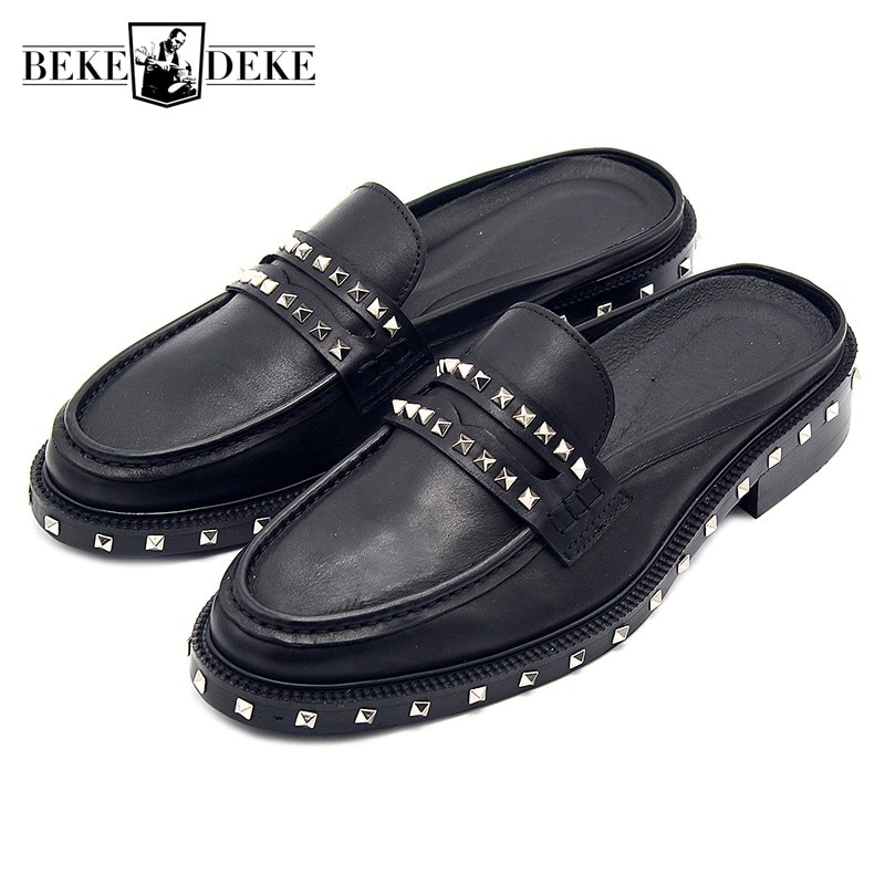 2021 Classics Black Rivet Punk Sandals Men Slip On Slippers Genuine Leather Loafers British Summer Dress Italian Shoes Mocassin