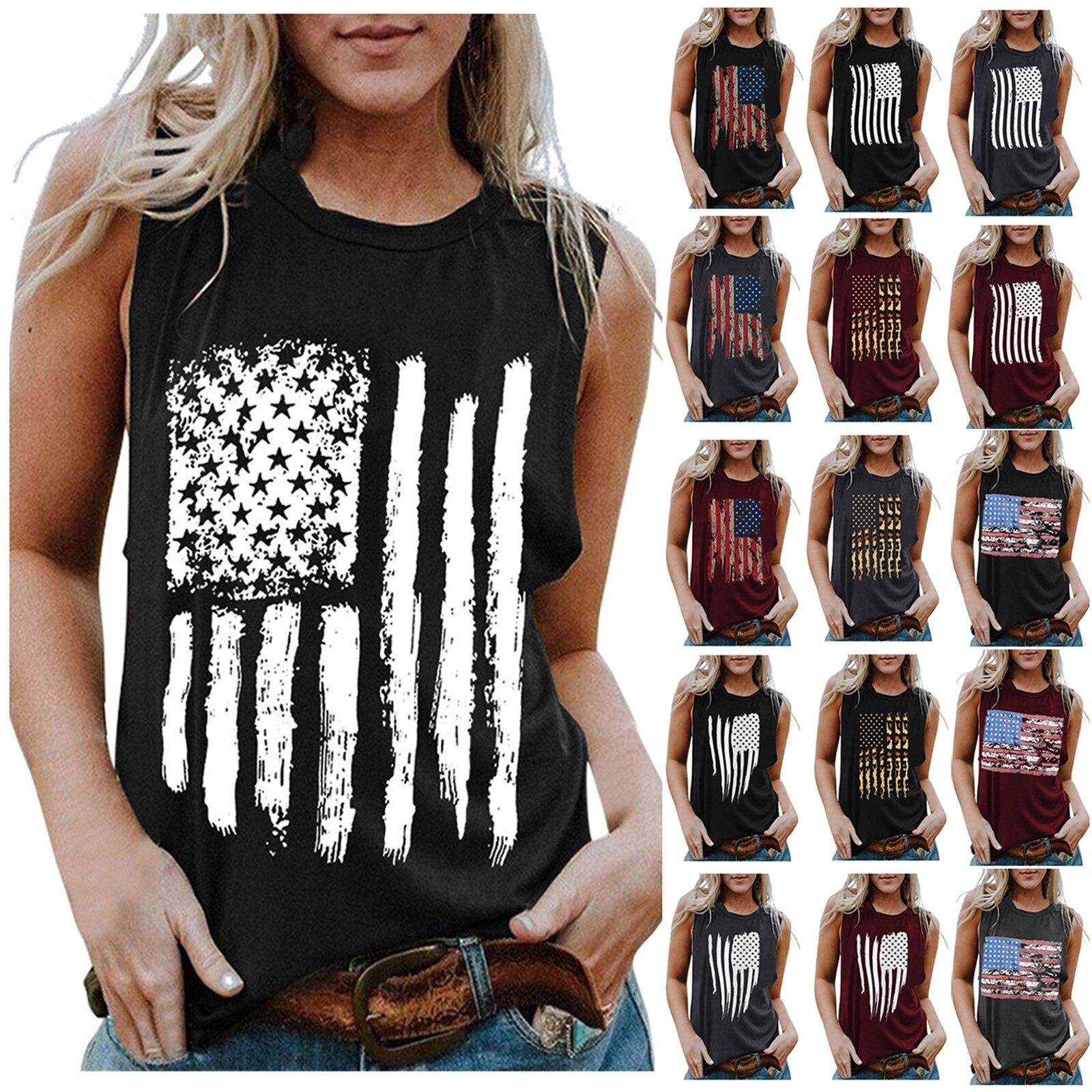 Fashion Women O-Neck Sleeveless Independence Day Flag Print Tank Tops Shirt 2021 Summer Ladies Casual Loose Beach Vest Comfy Top