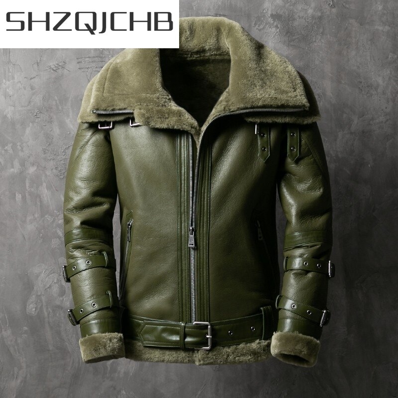 JCHB 2021 Winter Mens Shearling Motorcycle Jacket Double Collar Warm Real Fur Sheepskin Coat Thicken Wool Liner Genuine Leather