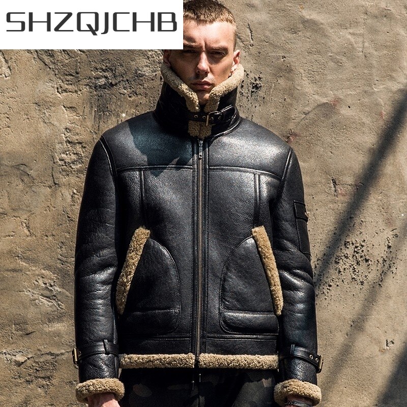 JCHB 2021 Classic Real Fur Genuine Leather Bomber Jacket Men Winter Wool Liner Warm Motorcycle Short Jackets Shearling Sheepskin