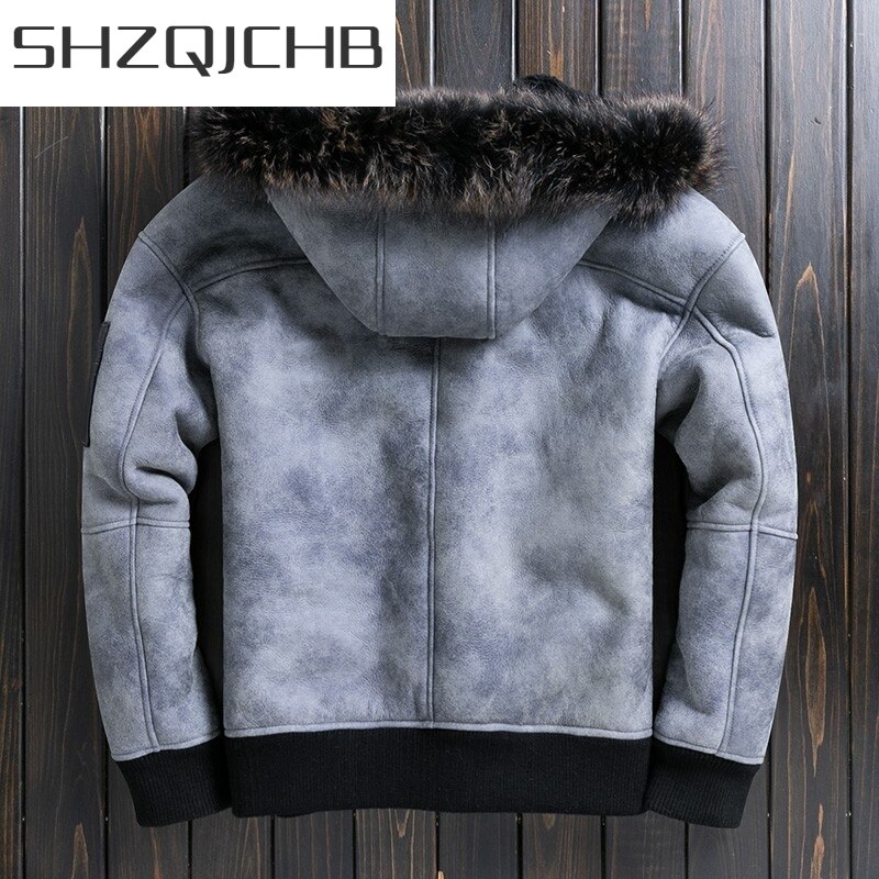 JCHB 2021 Winter Thick Warm Men Genuine Leather Jacket Hooded Multi-Pockets Sheep Wool Fur Coat Fashion Sheepskin Short Slim Out