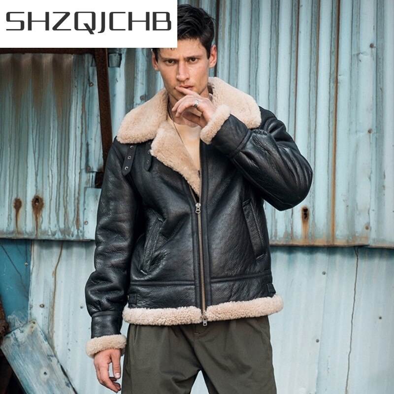 JCHB 2021 Mens Real Fur Classic Brown Black Bomber Jacket Winter Shearling Sheepskin Coat Men Genuine Leather Biker Jackets Larg