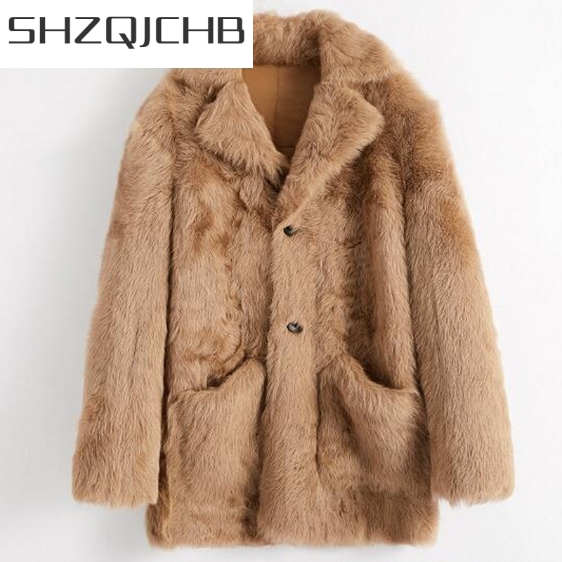 JCHB 2021 Top Quality Winter Fashion Mens Sheepskin Shearling Outwear Coats Single Breasted Medium Length Real Fur Male Straight