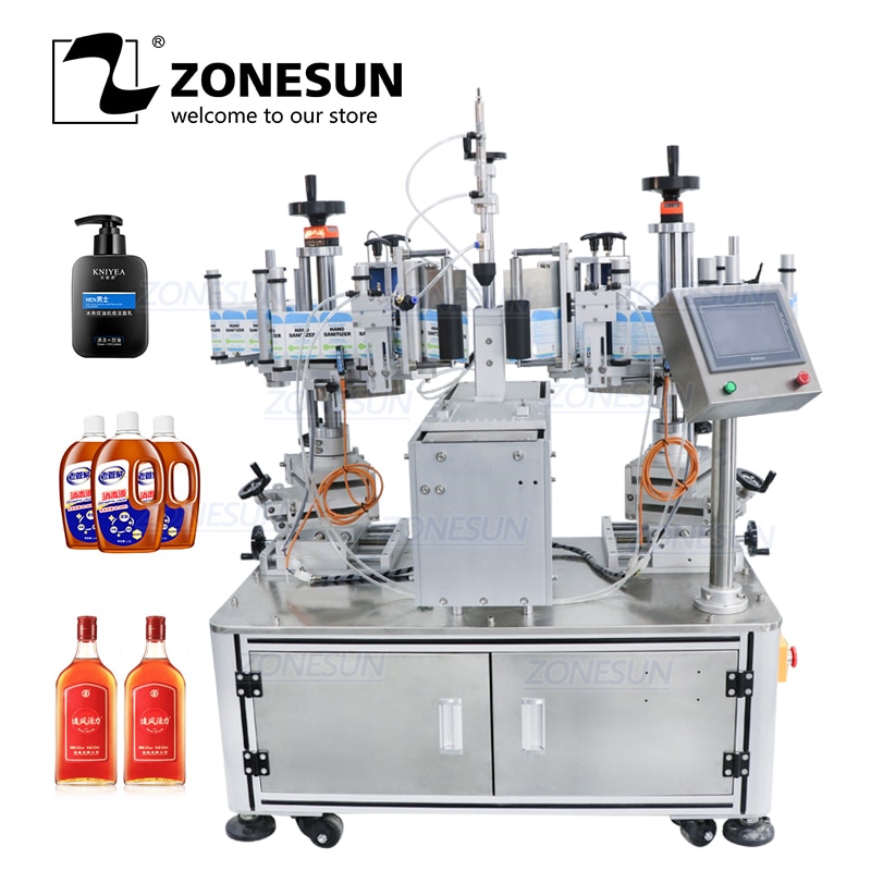 ZONESUN ZS-TB806 Semi Automatic Double-sideAlcohol Hydrogen Peroxide Liquid Paste PET Flat Bottle Sticker Labeling Machine