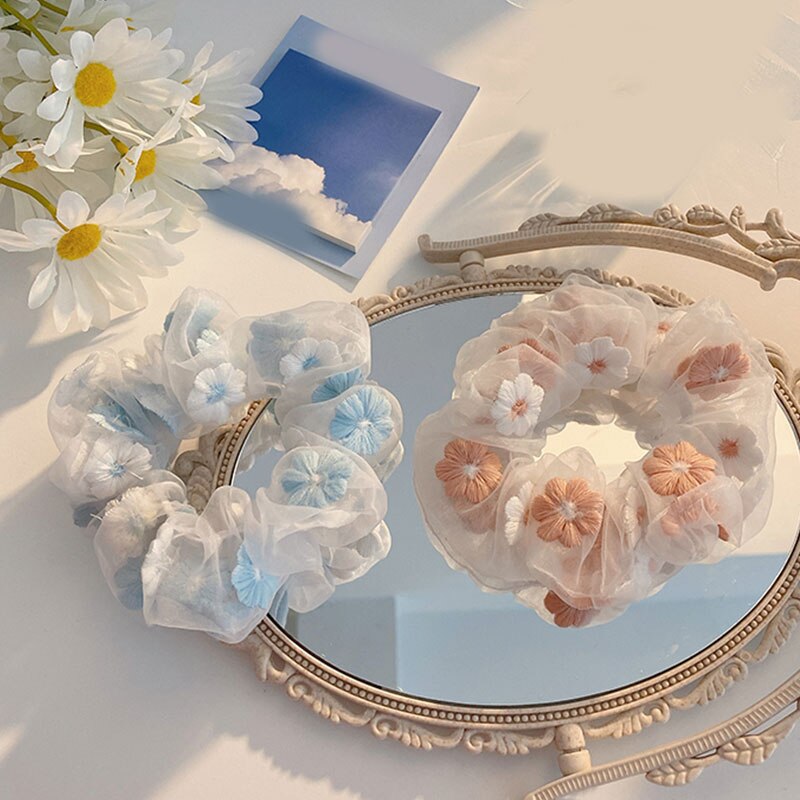 Transparent Tulle Embroidery Flowers Hair Rings For Women Romantic Pink Blue Hair Rope Fashion Sweet Hair Accessories