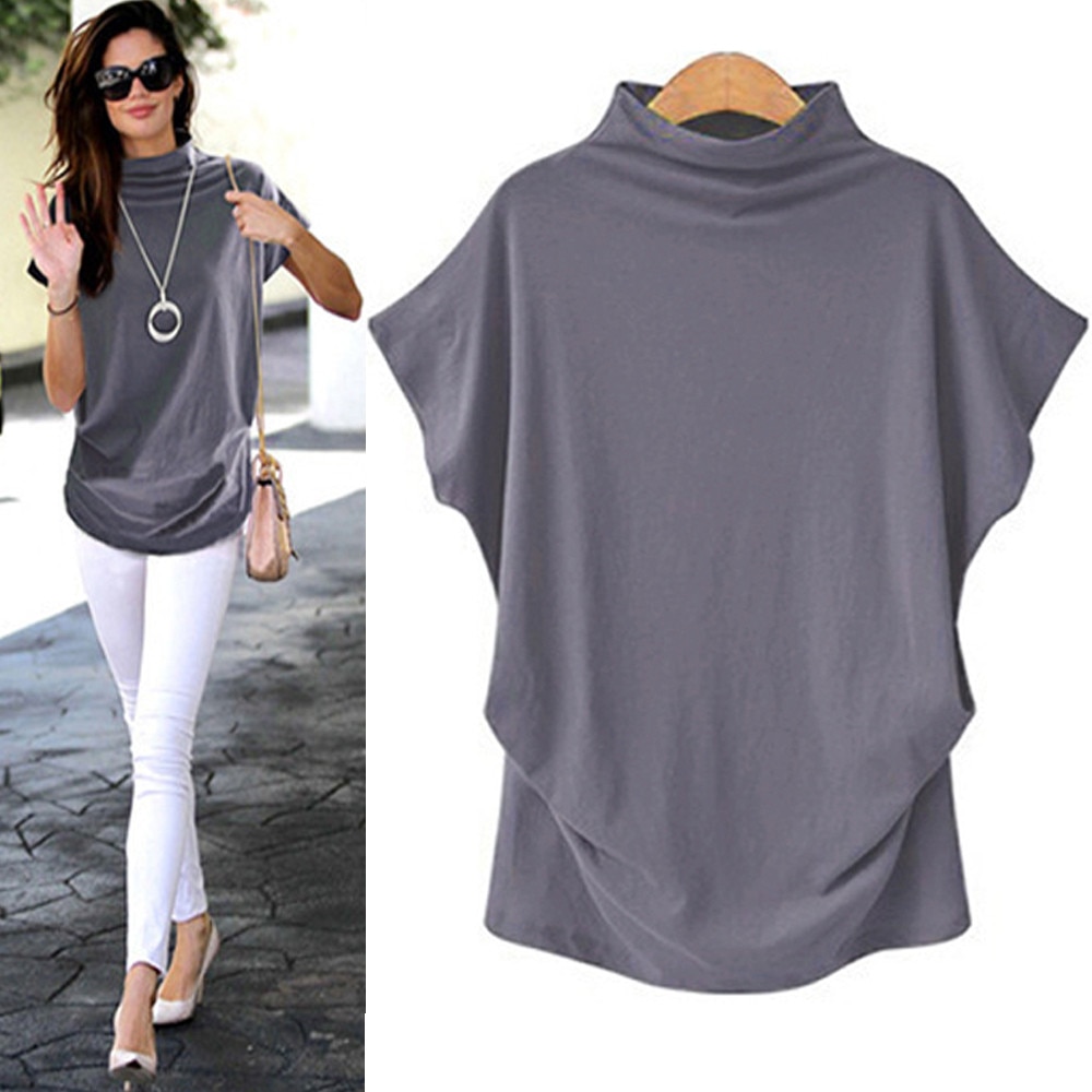 Women Turtleneck Short Sleeve Cotton Solid Casual Blouse Top Plus Size Blusas Camisas Top Mujer De Moda Блузки Женские Новинки