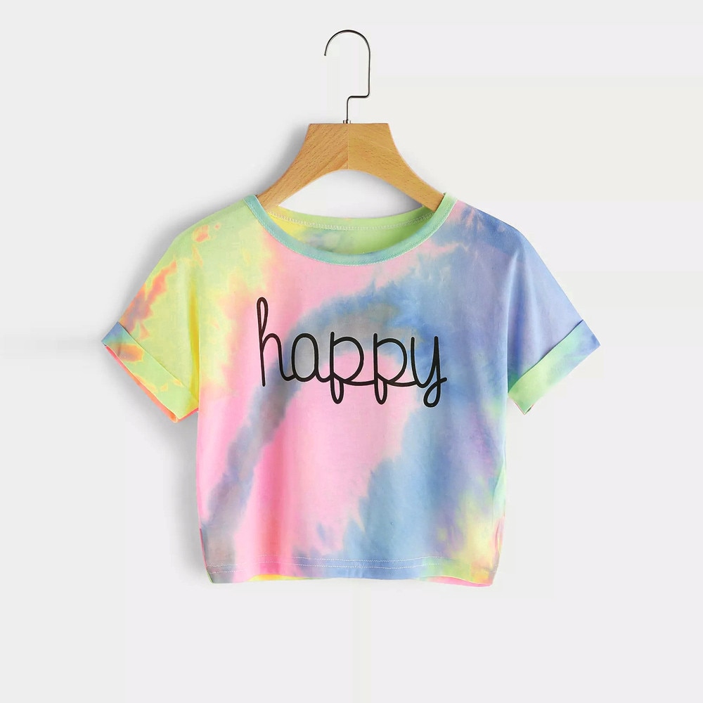 Women Gradient Letter Print Blouse Crop Tank Short Sleeve Tops Casual Blusas Y Camisas Top Mujer De Moda Блузки Женские Новинки