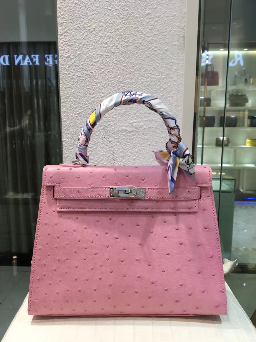 Fully Handmade Real Ostrich LUXURY Handbag,Pink BAND Purse, 25CM,Ostrich Design Bag,Wax Lline Stitching, Fast delivery