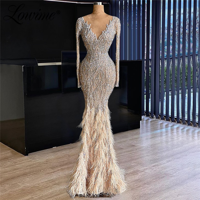 Lowime Champagne Beaded Muslim Long Sleeves Feathers Middle East Silver Beaded Crystals Engagement Evening Gowns Celebrity Dress