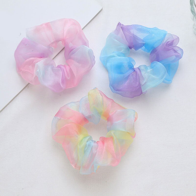 Transparent Tulle Organza Hair Tie Ring Rainbow Net Yarn Mesh Scrunchies Sweet Elastic Hair Bands Super Fairy Hair Accessories