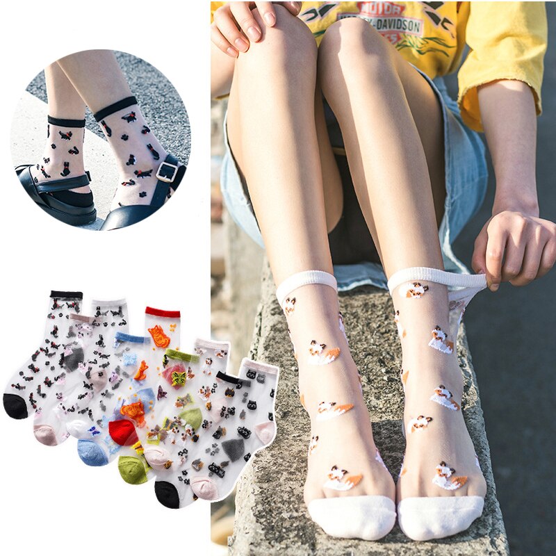 Summer Crystal Silk Socks Fashion Transparent Ankle Socks Cartoon Cute Mid-tube Sock Animal Printing Clothing Accessories