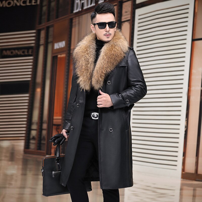 Leather 2021 Genuine Jacket Men Cowhide Coat Long Winter Male Jacket Raccoon Dog Fur Collar Cotton Liner Hommes Veste Pph1837