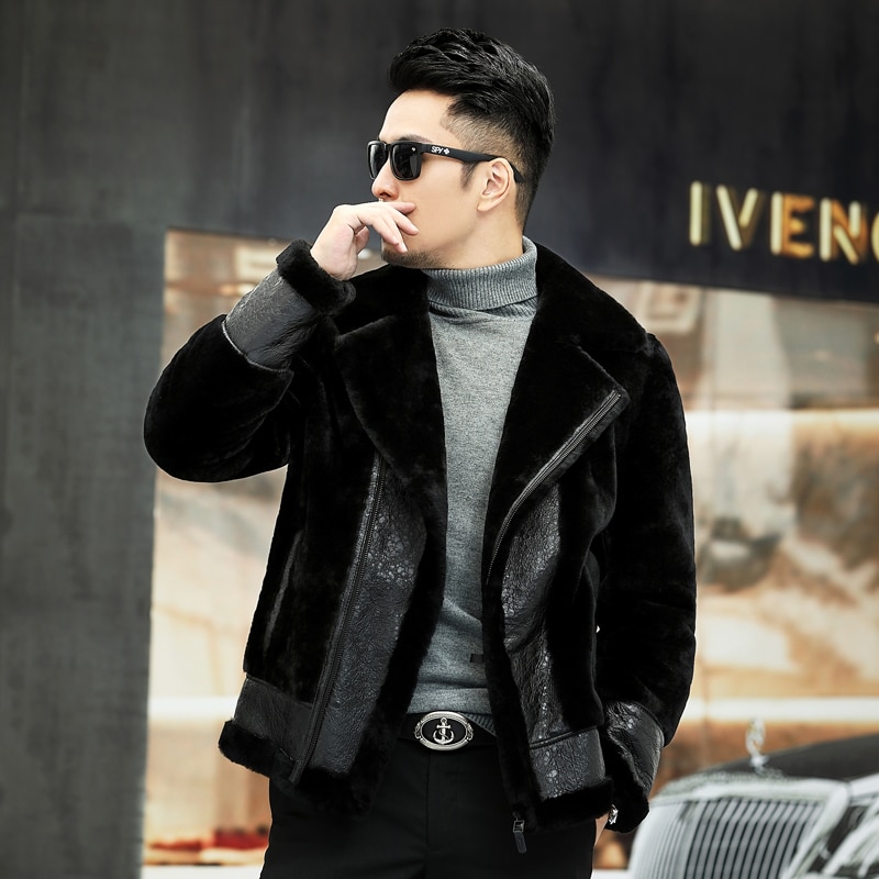 Fur Coat Natural Men Sheep Shearling Autumn Winter Leather Jacket Motorcycle Mens Jackets Plus Size 5xl Hommes Veste Pph1814