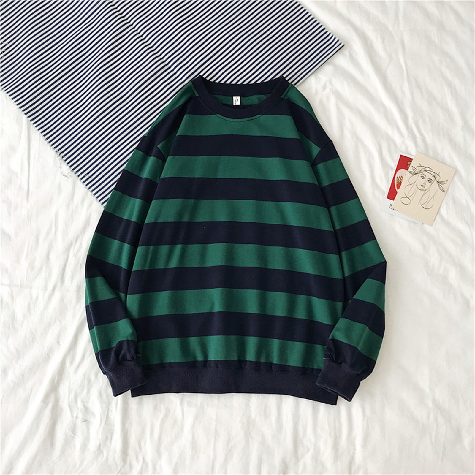 Fashion Autumn And Spring Blouse With Round Neck Stripe Printing Sweatshirt Pullover Loose Tops Long Sleeves