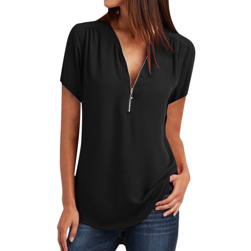 Womens Casual Tops Shirt Ladies V Neck Zipper Loose Blouse Tee Top Blusas Y Camisas Top Mujer De Moda Блузки Женские Новинки