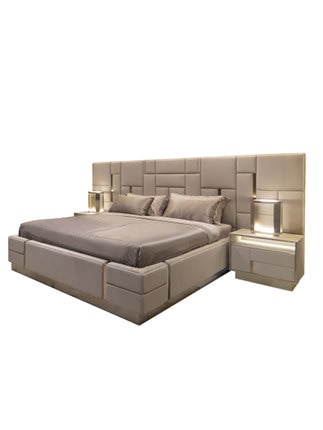 Postmodern light luxury king-size bed 3 m long headboard plaid stainless steel master bedroom