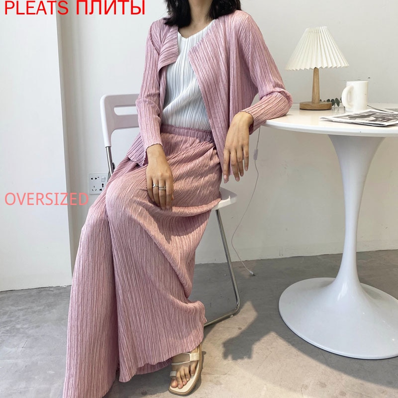 Miyake Pleated Solid Color Suit Summer Loose Long-sleeved Small Cardigan Coat + Loose Wide-leg Trousers Two Piece Set Pleats