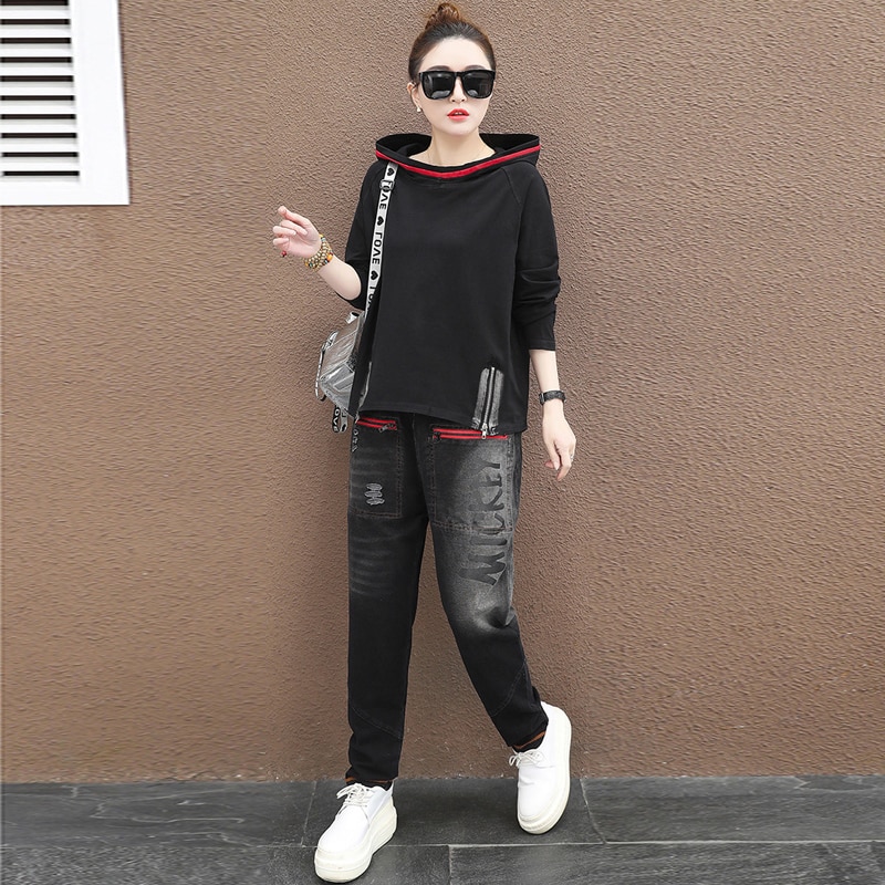 Two Piece Set Hoodie Slit Tracksuit Korean Fashion Sweat Suit 2 Piece Set Women Youth Clothing Aesthetic Jeans Pants 2PC Pc 2021