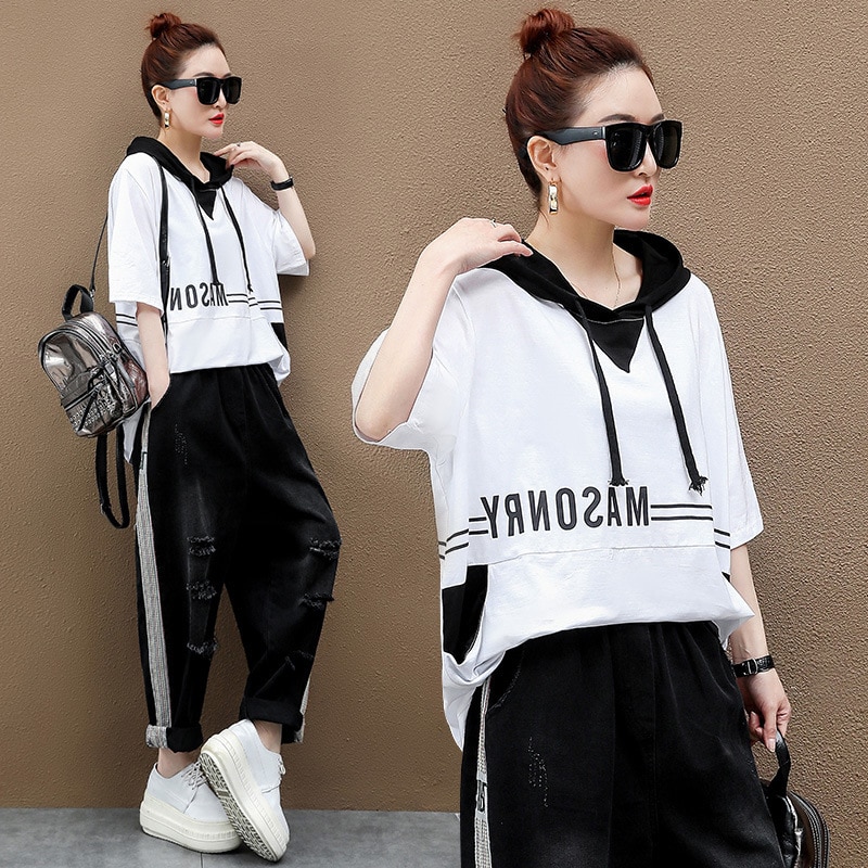 Two Piece Set Tracksuit Women Casual Clothes Loose Ripped Jeans Sweat Suits Outfits Trouser Hoodie Co Ord Ladies 2 Piece Set 2Pc