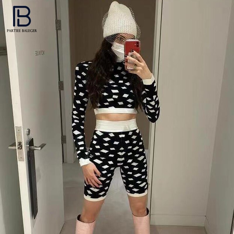 PB Chic Geometric Jacquard Two Pieces Suit Long Sleeves Stand Collar Celebrity Party Club Bandage Crop Tops Shorts Set