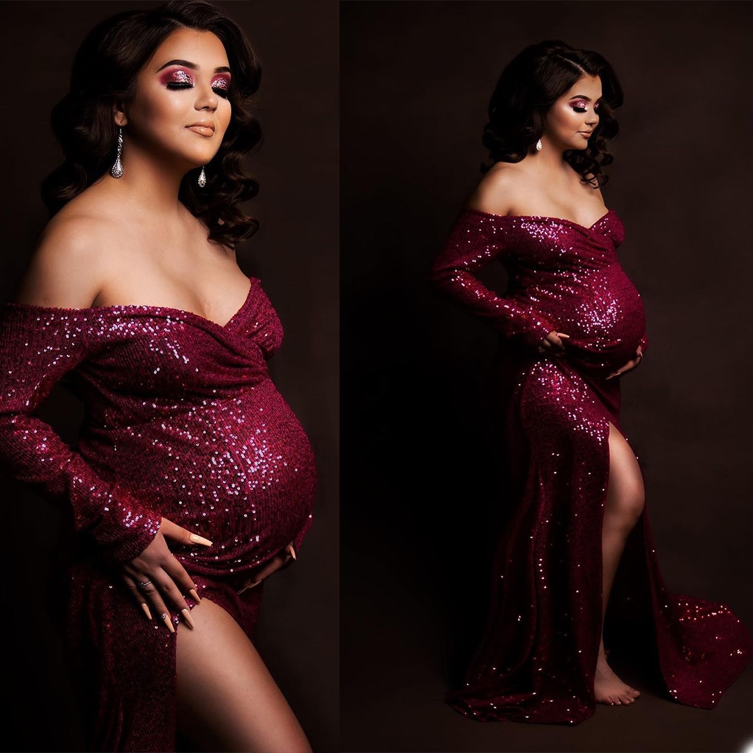 Long Sleeve Maternity Gown Sequined Slash Neck Dress Pregnant Women Clothes Photography Pregnancy Party Prom Robe