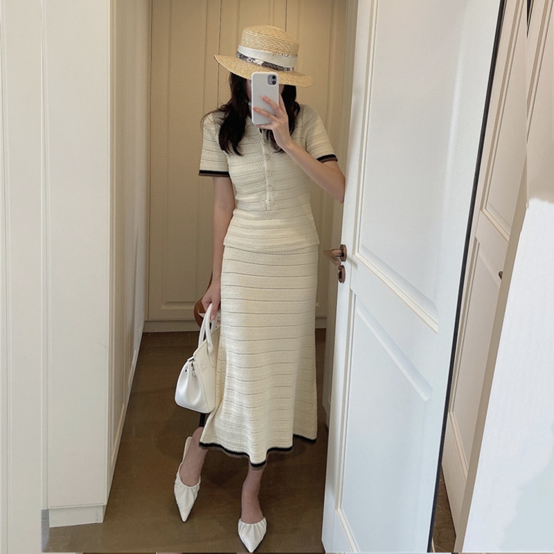 New Style Women Fashion Dress Suits Hollow Knited Color Block Turn Down Collar Short Sleeve Cream Shirt and Long A Shape Skirt