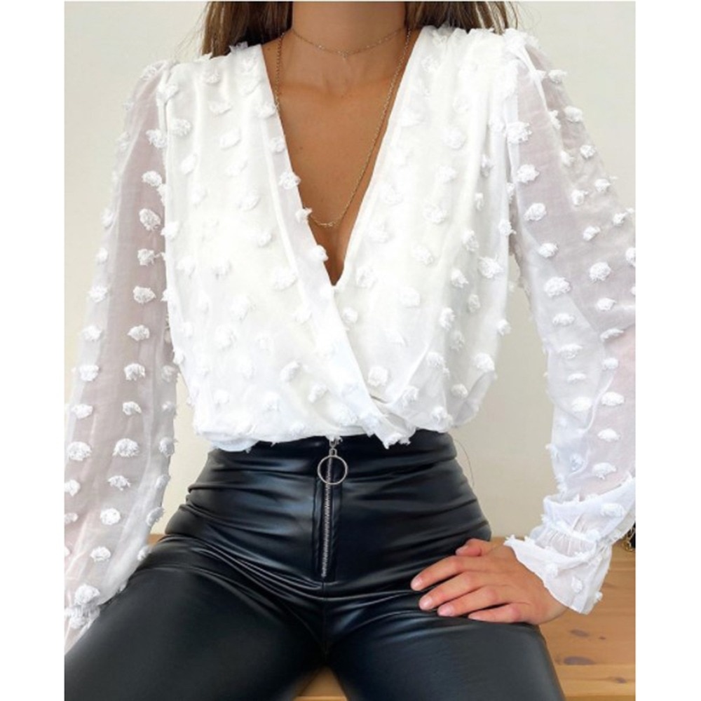 New Fashion Women Deep V Neck Top Jacquard Shirt Female Long Sleeve Chic Shirt Sexy Polka Dot Solid Color Mesh Blouses