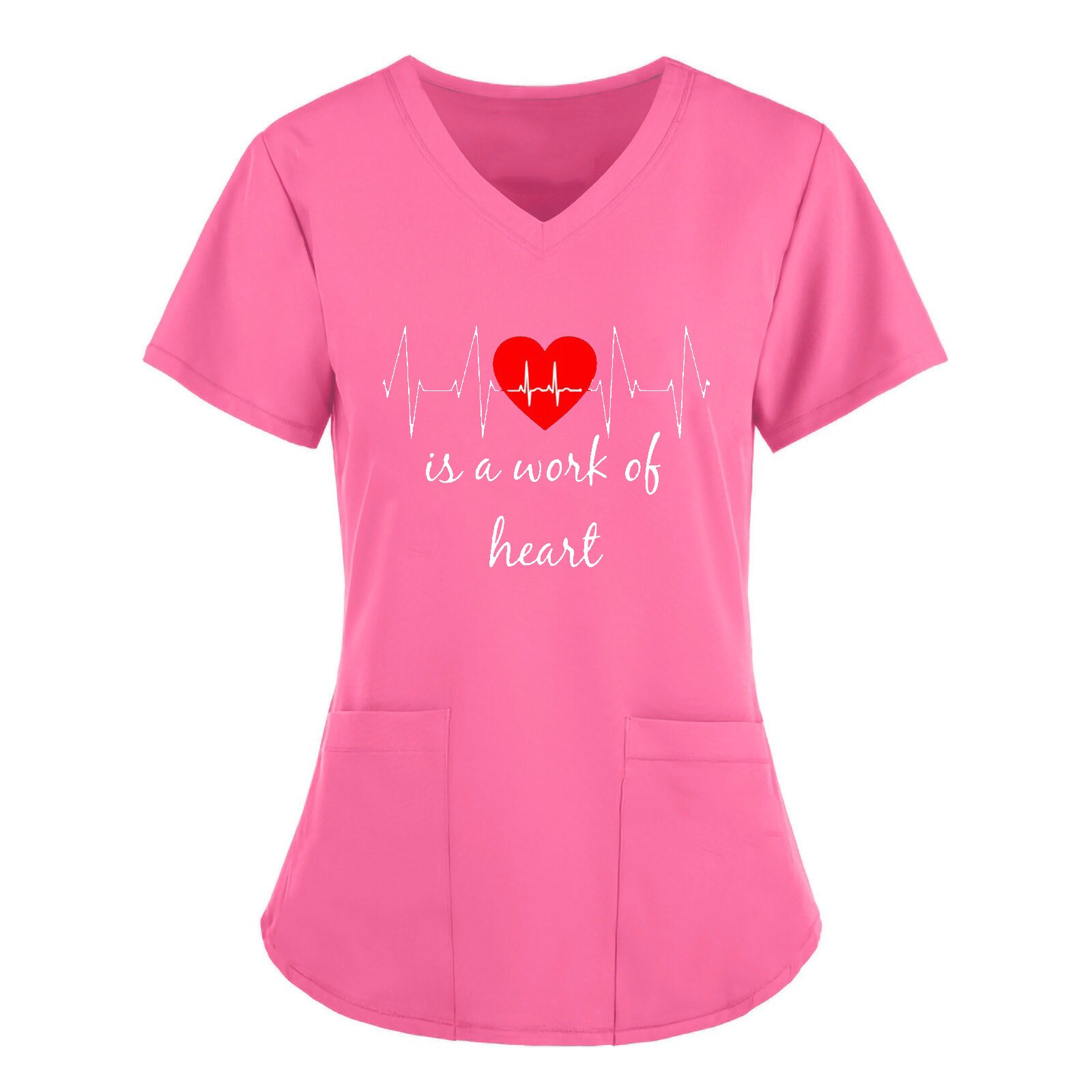 Women Fashion Casal Solid Short Sleeves O-neck Tops With Pockets Working Uniform Heart Printed Blouse T-shirt