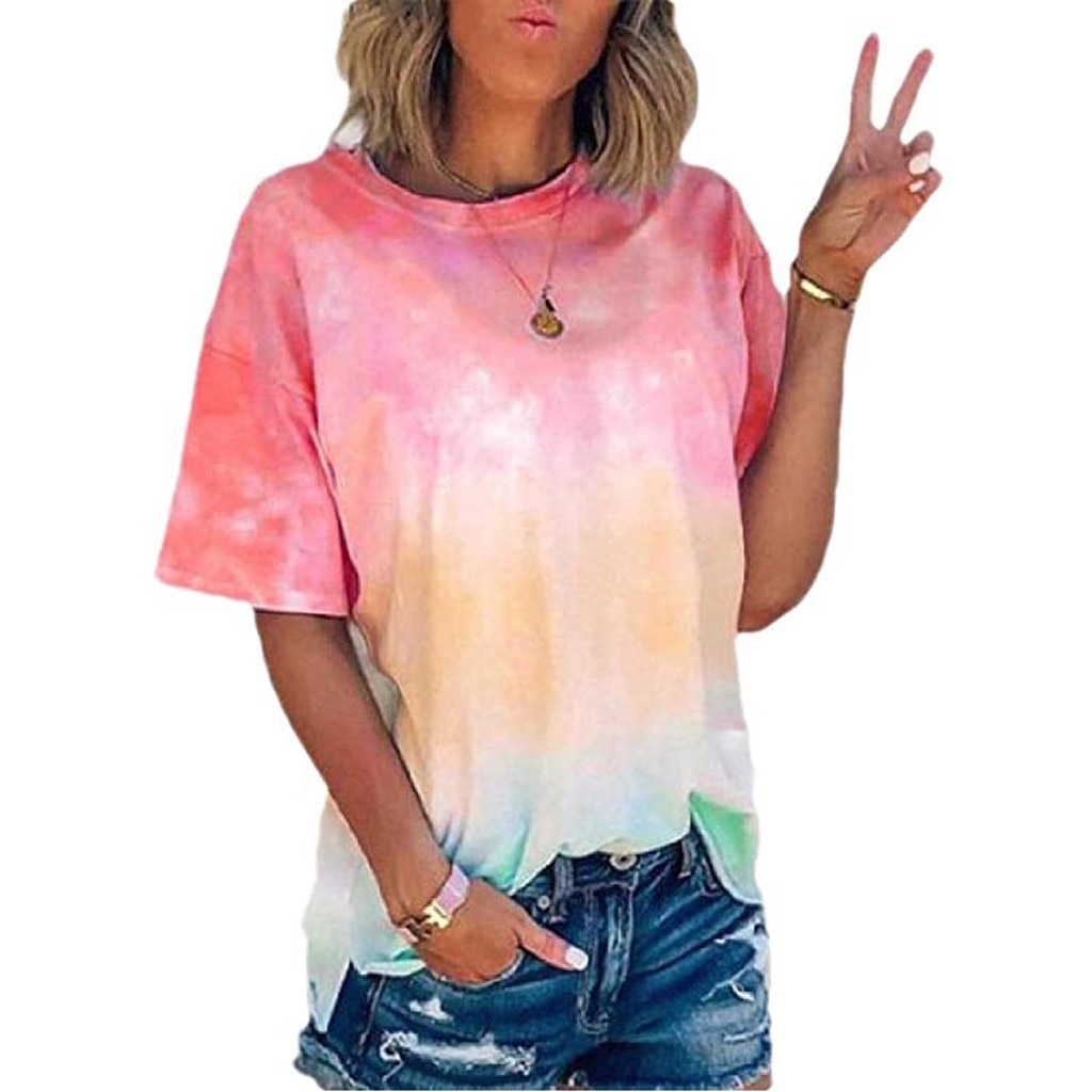 Tie-dye Rainbow T-shirt Women's Summer Short Sleeve Crew-neck Colourful Casual Tee Tops S-5xl Multicolor Tshirt Ropa De Mujer #s