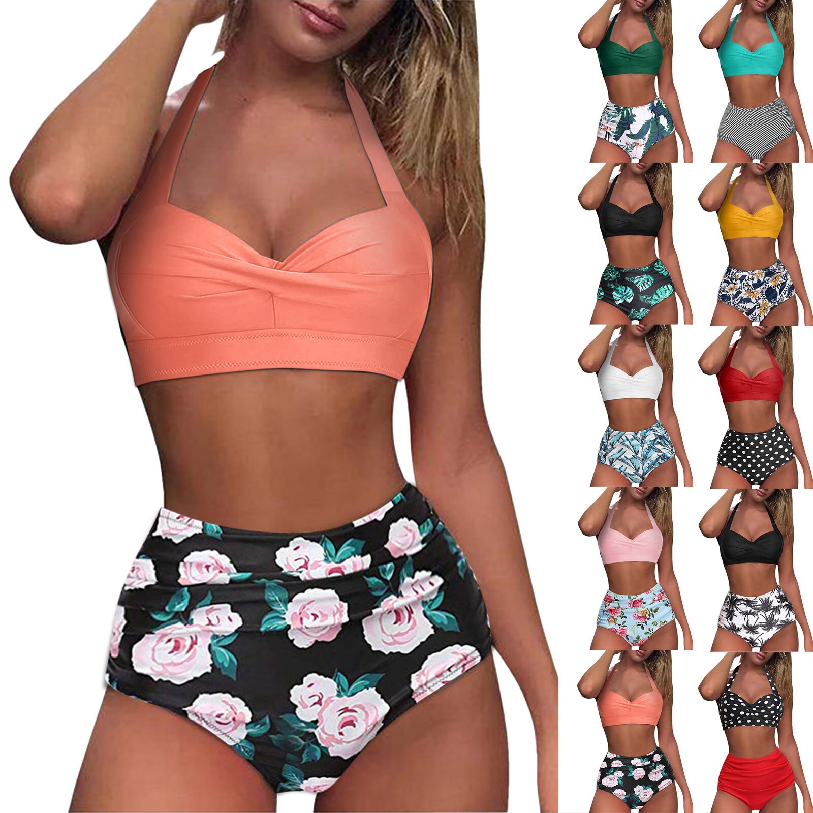 Sexy Bikini Set Swimwear Women Two Pieces Vintage Swimsuit Halter Ruched High Waist Maillot De Bain Femme Bikinis 2021 Mujer