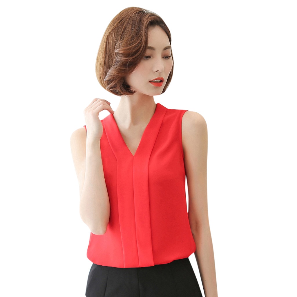 2021 New Women Tops And Blouse Sleeveless Casual Chiffon Blouse Female V-neck Work Wear Solid Color White Office Shirts