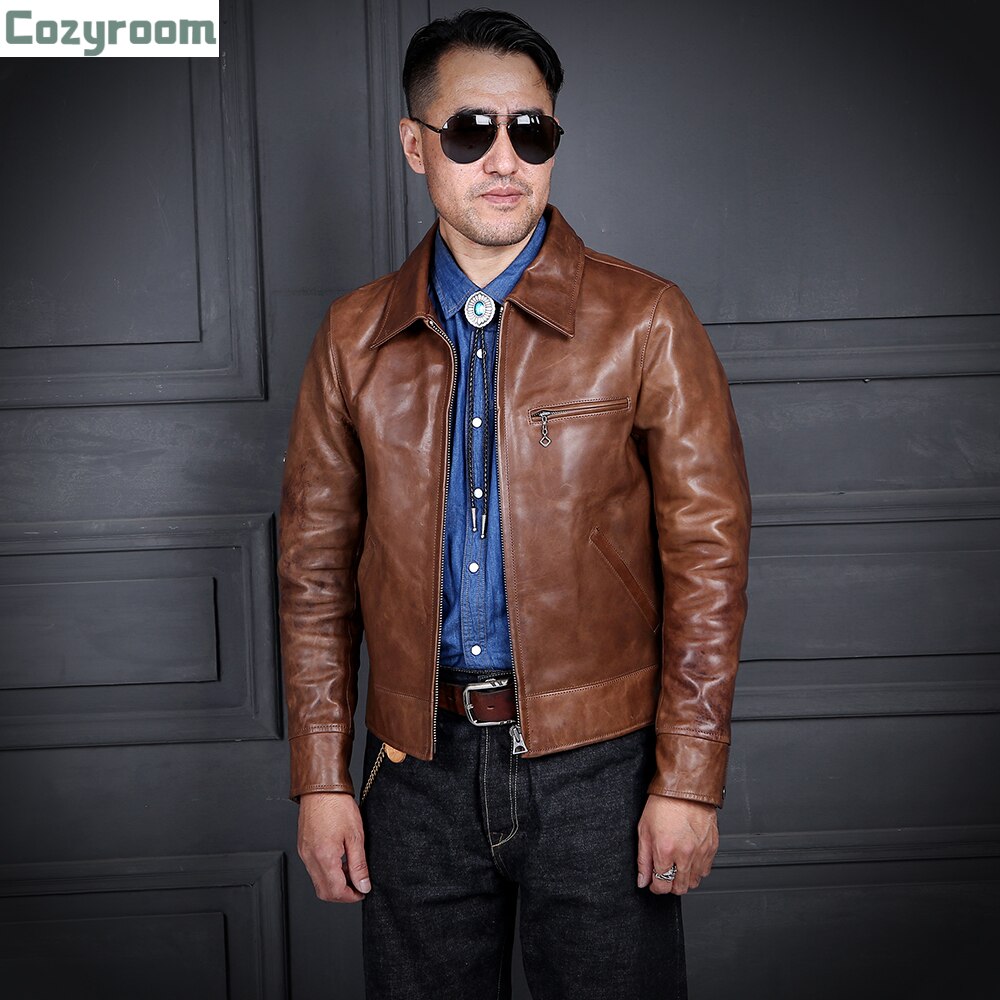 2021 Vintage Brown Japan Casual Style Genuine Leather Jacket Men Large Size 3XL Real Natural Horsehide Slim Short Spring Coat