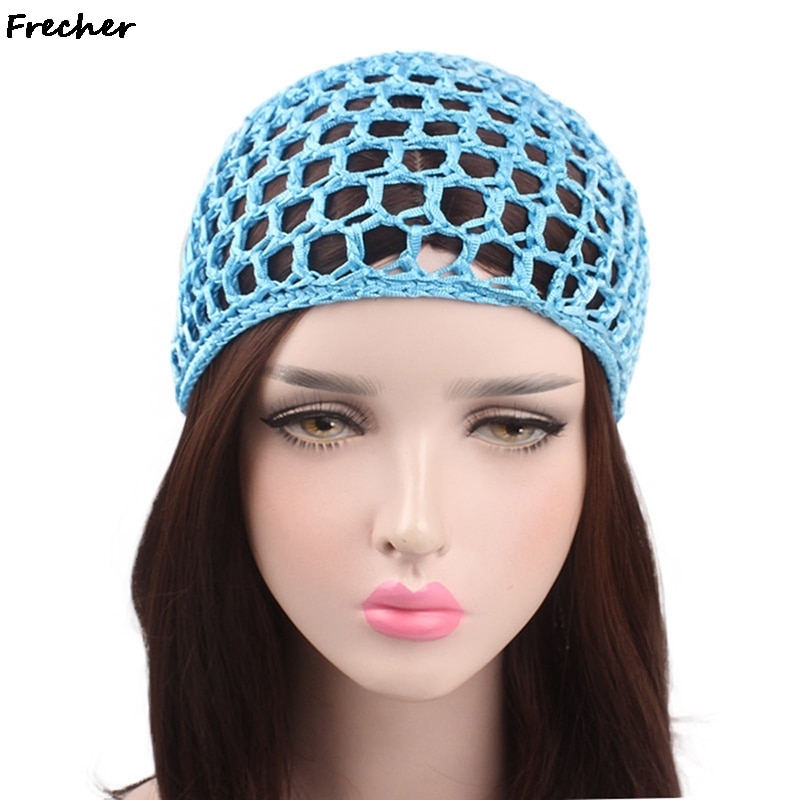 Women's Mesh Hair Net Crochet Cap Solid Color Snood Sleeping Night Cover Turban Bandanas Headwear Accessories Headbands Red Pink