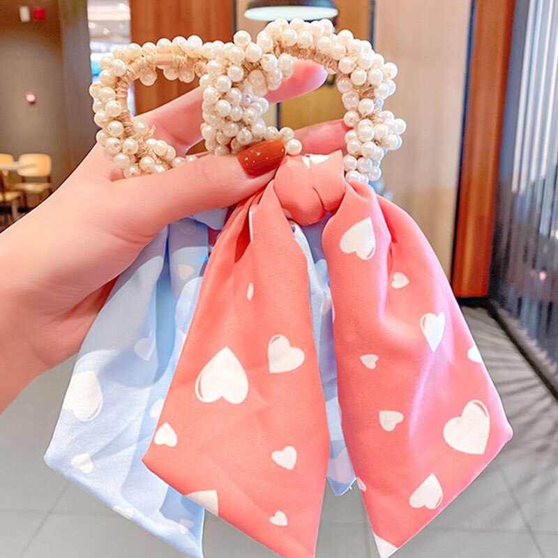 Elegant Pearl Bowknot Long Streamer Heart Print Ribbon Scrunchies Elastic Hair Band Sweet Girls Hair Accessories Hairband 2021