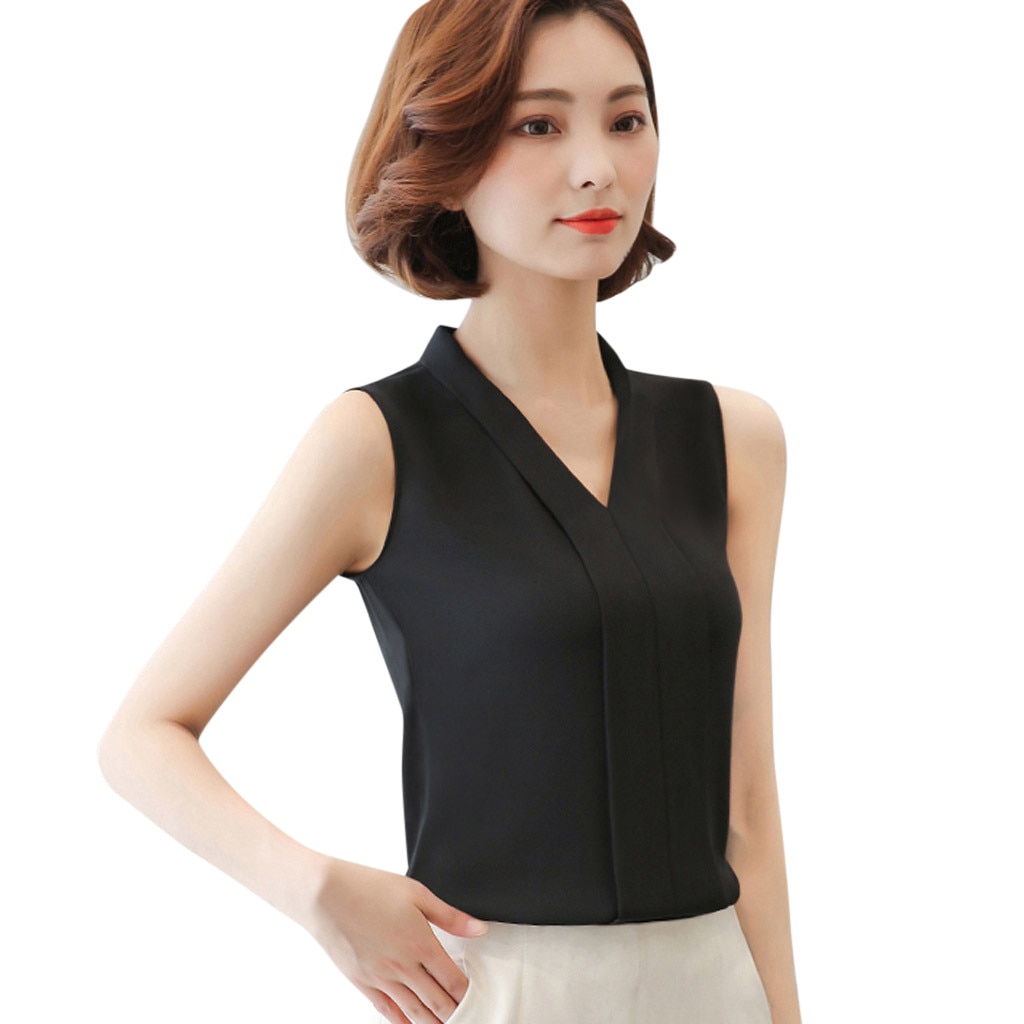 2021 New Women Tops And Blouse Sleeveless Casual Chiffon Blouse Female V-neck Work Wear Solid Color White Office Shirts