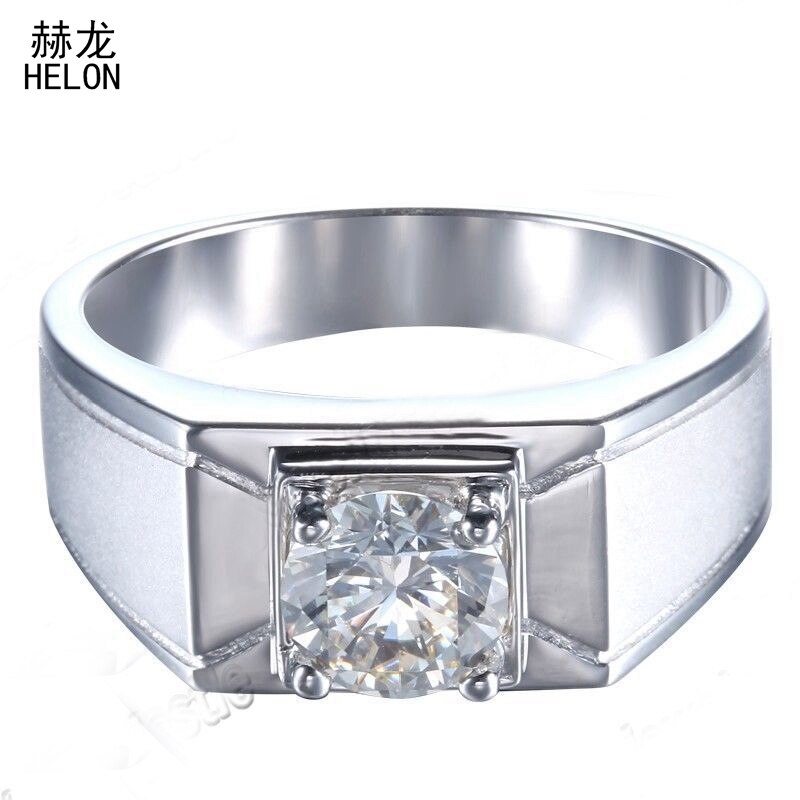 HELON Men Jewelry Moissanite Ring Solid 10K White Gold 6.5mm Round Genuine Test Positive Moissanite Diamond Wedding Ring Setting