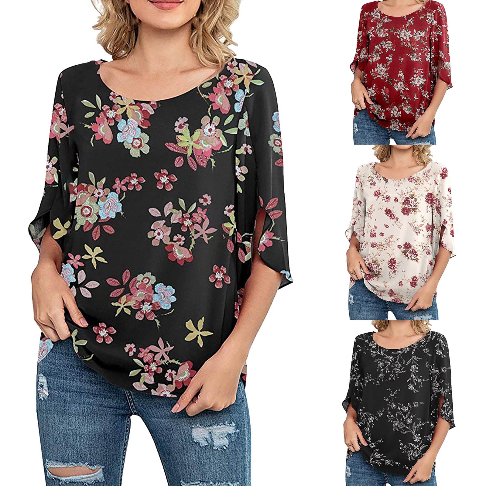 #56 Holiday Blouse Summer Womens Colors Casual Floral Printed O-neck Loose 3/4 Sleeve Chiffon Tops Ladies Blusas Camisa