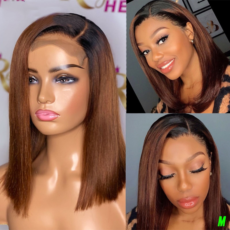 14 Inch Short Cut Bob Ombre Brown Silky Straight Remy Human Hair With Baby Hair Pre Plucked Lace Wigs For Black Women Glueless